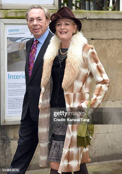 Andrew Lloyd Webber and Madeleine Gurdon arrive for the wedding of Jerry Hall to Rupert Murdoch at St Brides Church on March 5, 2016 in London,...