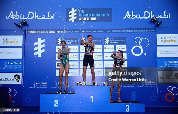 Ashley Gentle of Australia , Jodie Stimpson of Great and Helen Jenkins of Great Britain celebrate on the podium after the Elite Women's 2016 ITU...