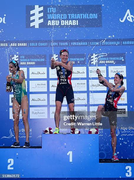 Ashley Gentle of Australia , Jodie Stimpson of Great and Helen Jenkins of Great Britain celebrate on the podium after the Elite Women's 2016 ITU...