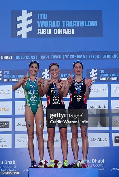 Ashley Gentle of Australia , Jodie Stimpson of Great and Helen Jenkins of Great Britain celebrate on the podium after the Elite Women's 2016 ITU...