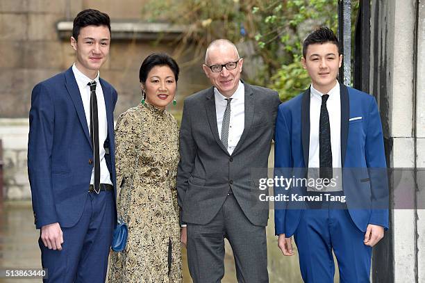 Chief Executive of News Corp Robert Thomson and family arrive for the wedding of Jerry Hall to Rupert Murdoch at St Brides Church on March 5, 2016 in...