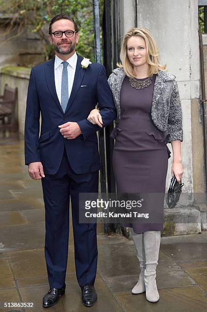 James Murdoch and his wife Kathryn Hufschmid arrive for the wedding of Jerry Hall to Rupert Murdoch at St Brides Church on March 5, 2016 in London,...