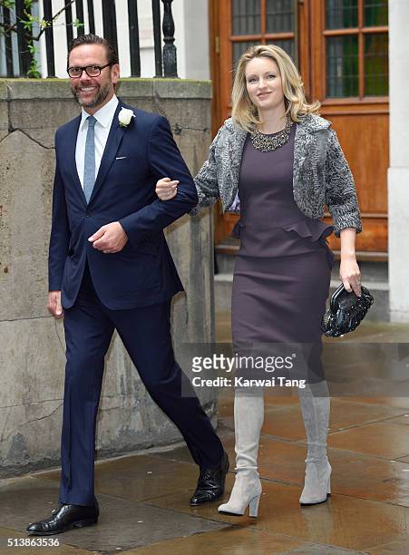 James Murdoch and his wife Kathryn Hufschmid arrive for the wedding of Jerry Hall to Rupert Murdoch at St Brides Church on March 5, 2016 in London,...