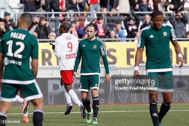 Remy Amieux of Red Star looks dejected during the French Ligue 2 match between Nancy and Red Star at Stade Marcel Picot on March 5, 2016 in Nancy,...