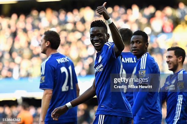 Bertrand Traore of Chelsea celebrates scoring his team's first goal during the Barclays Premier League match between Chelsea and Stoke City at...