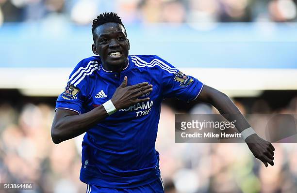 Bertrand Traore of Chelsea celebrates scoring his team's first goal during the Barclays Premier League match between Chelsea and Stoke City at...