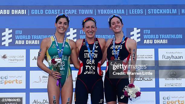 Ashley Gentle of Australia , Jodie Stimpson of Great Britain and Helen Jenkins of Great Britain celebrate on the podium after the Elite Women's 2016...
