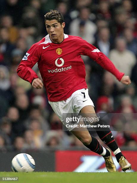 Cristiano Ronaldo of Manchester United in action on the ball during the Barclays Premiership match between Manchester United and Middlesbrough at Old...