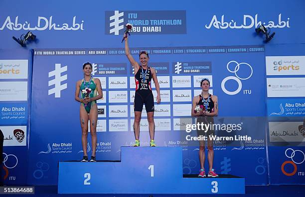 Ashley Gentle of Australia , Jodie Stimpson of Great Britain and Helen Jenkins of Great Britain celebrate on the podium after the Elite Women's 2016...