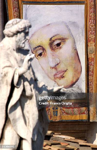 Tapestry outside St. Peter's basilica, showing Anna Katharina Emmerick, hangs during a beatification ceremony October 3 , 2004 in Vatican City. Pope...