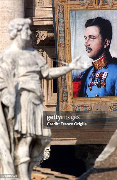 Tapestry outside St. Peter's basilica, showing Austria's last emperor Karl I, hangs during a beatification ceremony October 3 , 2004 in Vatican City....