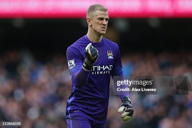 Joe Hart of Manchester City celebrates his team's first goal during the Barclays Premier League match between Manchester City and Aston Villa at...