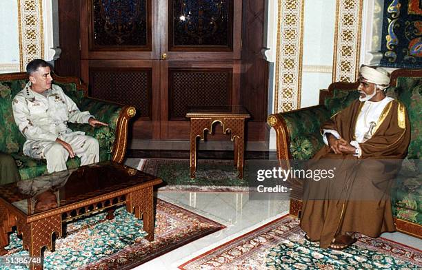 Oman's Sultan Qaboos meets with US Central Command chief General John Abizaid in Muscat 03 October 2004. During the audience with the Omani ruler,...