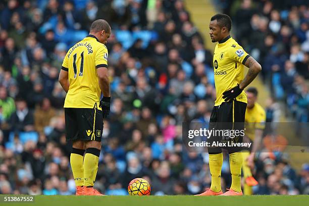 Gabriel Agbonlahor and Jordan Ayew of Aston Villa show their frustration after Machester City's fourth goal during the Barclays Premier League match...