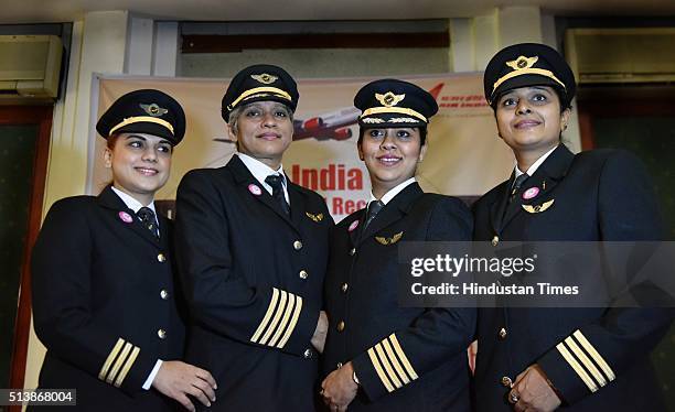 First Officers Captain Amrit Namdhari, Captain Kshamta Bajpayi, Captain Shubhangi Singh and First Officers Captain Ramya Kirti Gupta during a...