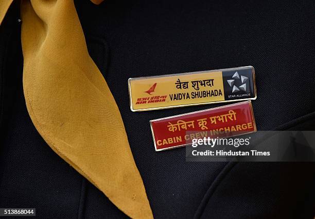 Vaidya Shubhada, Cabin Crew In Charge, during a function to celebrate a "Historic" New Delhi-San Francisco flight with all-women crew on board, on...