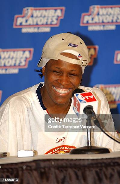 Taj McWilliams-Franklin of the Connecticut Sun smiles during the press conference following Game 2 Round 2 of the WNBA Eastern Conference Playoffs...