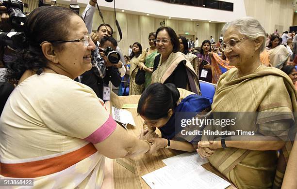 Lok Sabha Speaker Sumitra Mahajan with Minister of External Affairs Sushma Swaraj, Former Chief Minister of Delhi Sheila Dixit, Minister of Minority...