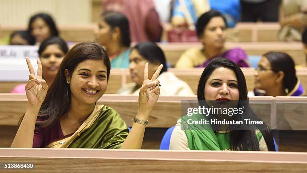 Delhi MLAs Alka Lamba, Pramila Tokas and others during an inauguration of a National Conference on ‘Women Legislators: Building Resurgent India’ at...