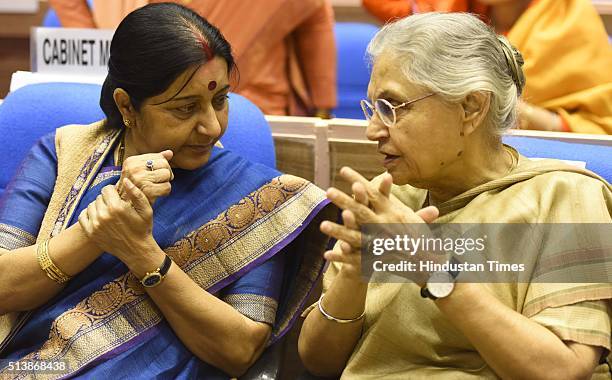 External Affairs Minister Sushma Swaraj and Former Chief Minister of Delhi Sheila Dixit during an inauguration of a National Conference on ‘Women...