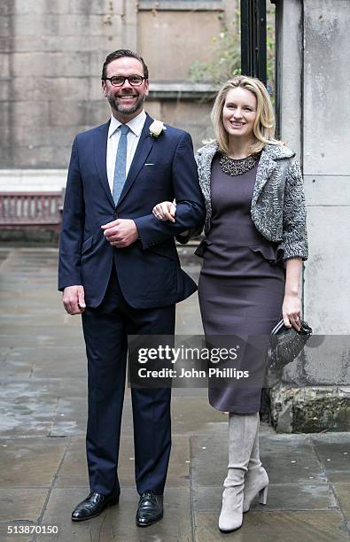 Ames Murdoch and his wife Kathryn Hufschmid arrive for the wedding of Jerry Hall and Rupert Murdoch at St Brides Church on March 5, 2016 in London,...