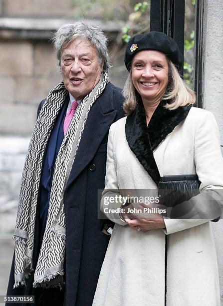 Sir Tom Stoppard and Sabrina Guinness arrive for the wedding of Jerry Hall and Rupert Murdoch at St Brides Church on March 5, 2016 in London, England.