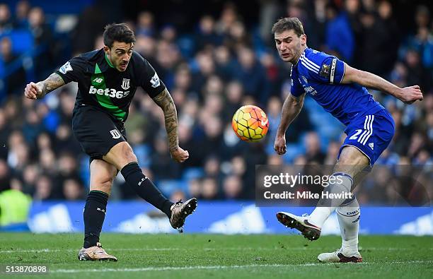 Joselu of Stoke City shoots at goal during the Barclays Premier League match between Chelsea and Stoke City at Stamford Bridge on March 5, 2016 in...