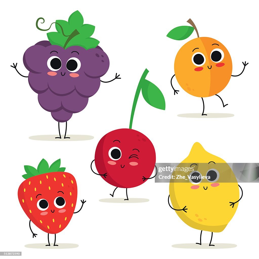 Juego De 5 Caracteres Adorables Dibujos Animados De Las Frutas Aisladas En Blanco Ilustración de stock - Getty Images Juego De 5 Caracteres Adorables Dibujos Animados De Las Frutas Aisladas En Blanco Ilustración de stock - Getty Images