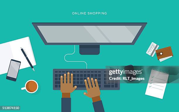 flat illustration of person at desk with computer, online shopping - desk aerial view stock illustrations