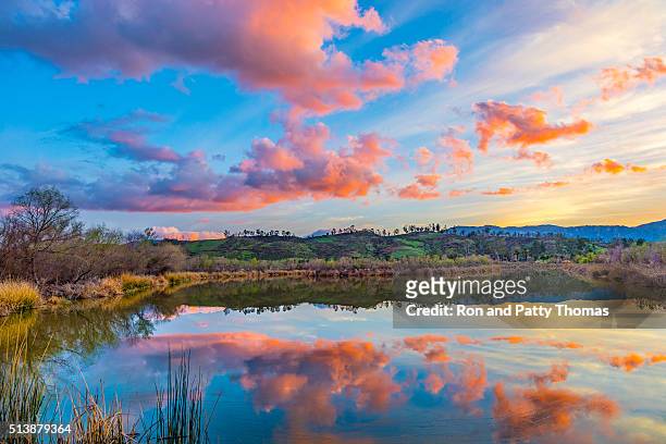 sunset lake reflections at dusk with cloudscape,ca - riverside county bildbanksfoton och bilder