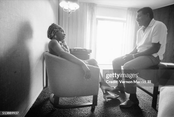 During the NARA convention, musicians Nina Simone and Otis Redding talk in a room at the Regency Hyatt Hotel, Atlanta, Georgia, August 9 through 13,...