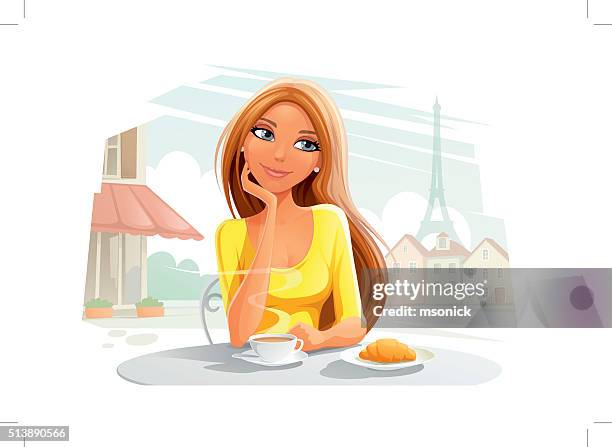 the woman in cafe - paris-cafe-illustration stock illustrations