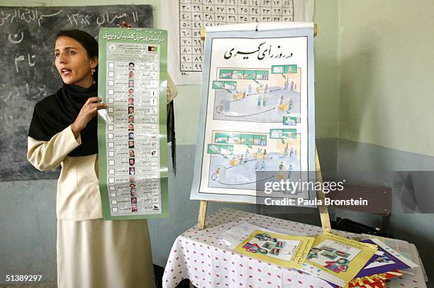 Shah Gul, an IFES instructor teaches Afghan female students at the Rukhshana high school about the election process October 4, 2004 in Kabul,...