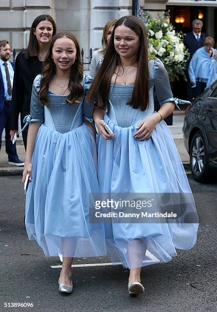 Chloe Murdoch and Grace Murdoch are seen leaving Jerry Hall and Rupert Murdoch wedding reception at Spencer House on March 5, 2016 in London, England.