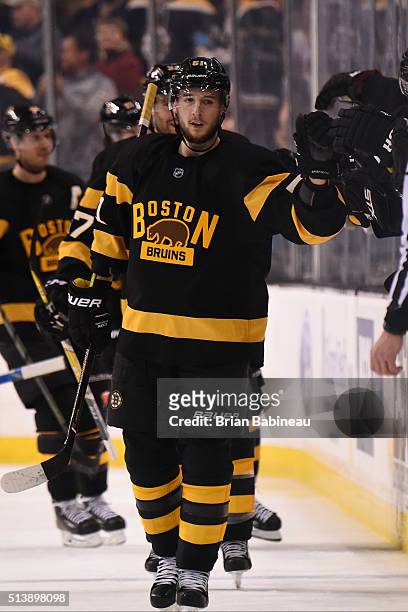 Ryan Spooner of the Boston Bruins celebrates a goal against the Chicago Blackhawks at the TD Garden on March 3, 2016 in Boston, Massachusetts.
