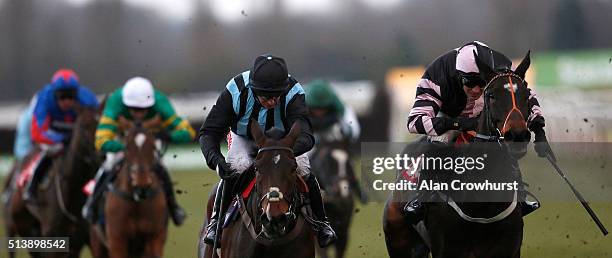 Danny Cook riding Sam's Adventure win The DBS Spring Sales Bumper National Hunt Flat Race from Bags Groove at Newbury racecourse on March 05, 2016 in...