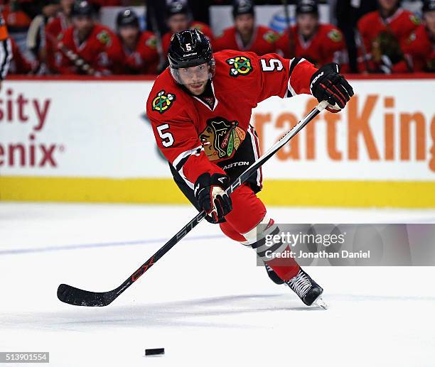 David Rundblad of the Chicago Blackhawks passes the puck against the Nashville Predators at the United Center on December 8, 2015 in Chicago,...