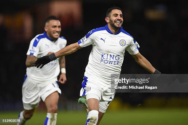 Riyad Mahrez of Leicester City celebrates scoring his team's first goal during the Barclays Premier League match between Watford and Leicester City...
