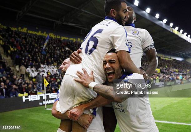 March 05: Riyad Mahrez of Leicester City celebrates with Danny Simpson of Leicester City after scoring to make it 0-1 during the Premier League match...