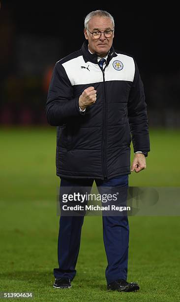 Claudio Ranieri Manager of Leicester City celeberates his team's 1-0 win in the Barclays Premier League match between Watford and Leicester City at...