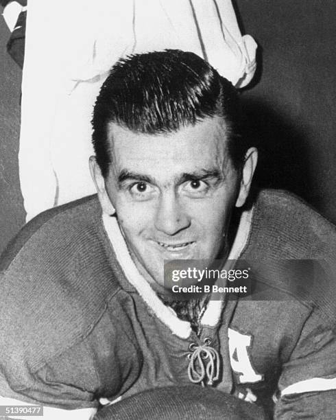 Portrait of Maurice Richard from the Montreal Canadiens sits in the locker room circa 1950's at the Montreal Forum in Montreal, Quebec, Canada.