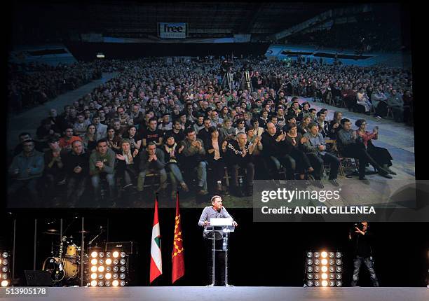 Basque separatist leader Arnaldo Otegi speaks during a meeting that gathered more than 10,000 people at the Anoeta velodrome in the northern Spanish...