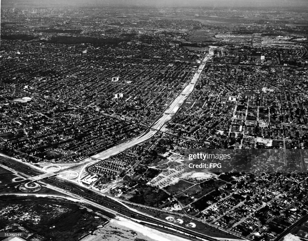 Aerial view of the Van Wyck Expressway while under construction, New ...