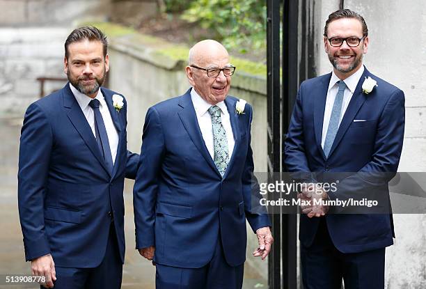 Rupert Murdoch with his sons Lachlan Murdoch and James Murdoch arrives at St Bride's Church for a service to celebrate his marriage to Jerry Hall on...