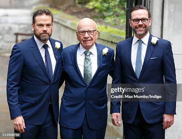 Rupert Murdoch with his sons Lachlan Murdoch and James Murdoch arrives at St Bride's Church for a service to celebrate his marriage to Jerry Hall on...