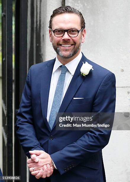 James Murdoch arrives at St Bride's Church for a service to celebrate his father Rupert Murdoch's marriage to Jerry Hall on March 5, 2016 in London,...