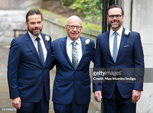 Rupert Murdoch with his sons Lachlan Murdoch and James Murdoch arrives at St Bride's Church for a service to celebrate his marriage to Jerry Hall on...