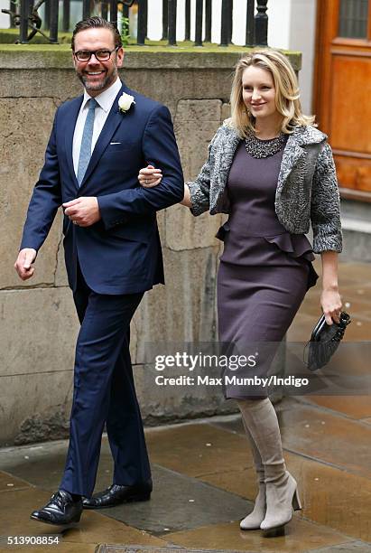 James Murdoch and wife Kathryn Murdoch arrive at St Bride's Church for a service to celebrate his father Rupert Murdoch's marriage to Jerry Hall on...