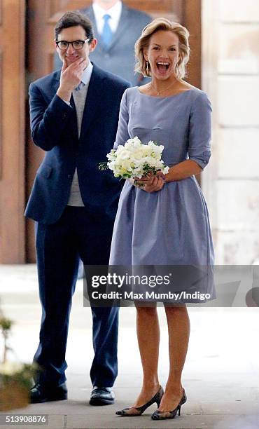 Elisabeth Murdoch arrives at St Bride's Church for a service to celebrate Rupert Murdoch's marriage to Jerry Hall on March 5, 2016 in London, England.