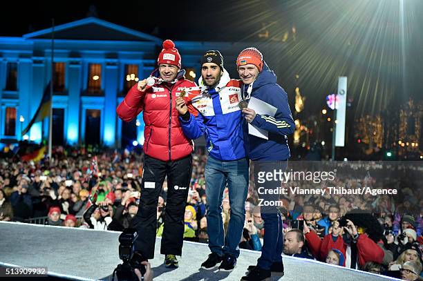 Martin Fourcade of France wins the gold medal, Ole Einar Bjoerndalen of Norway wins the silver medal, Sergey Semenov of Ukraine wins the bronze medal...